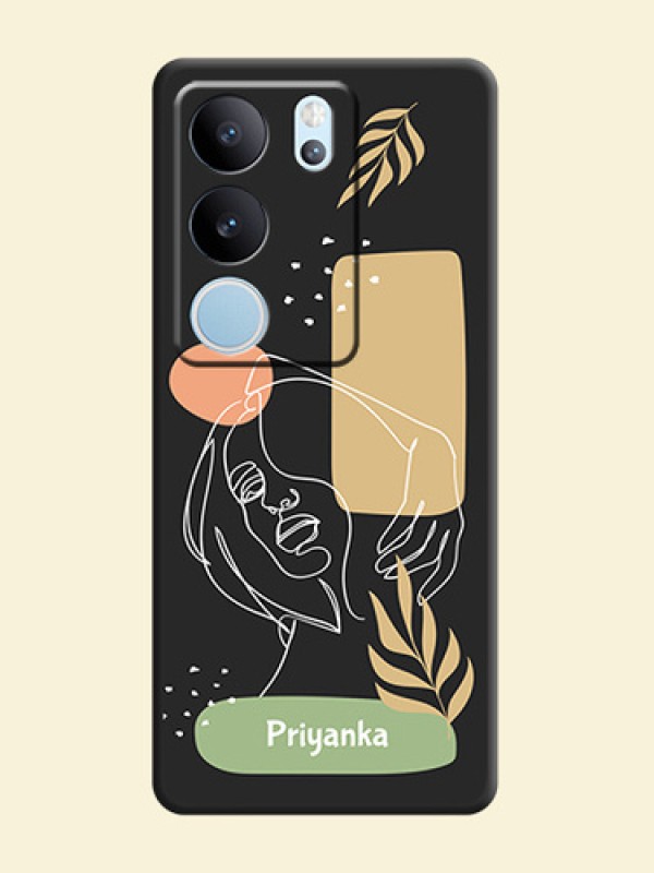 Custom Text With Line Art Of Women & Leaves Design On Space Black Custom Soft Matte Mobile Back Cover - Vivo V29 Pro 5G