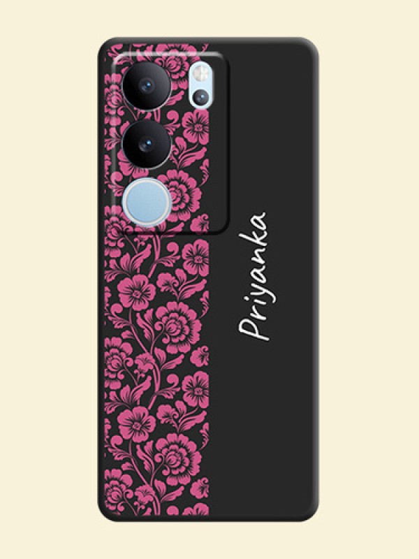 Pink Floral Pattern Design With Custom Text On Space Black Custom Soft Matte Mobile Back Cover - Vivo V29 Pro 5G