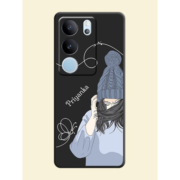 Girl With Blue Winter Outfiit Custom Text Design On Space Black Custom Soft Matte Mobile Back Cover - Vivo V29 Pro 5G Girl With Blue Winter Outfiit Custom Text Design On Space Black Custom Soft Matte Mobile Back Cover - Vivo V29 Pro 5G