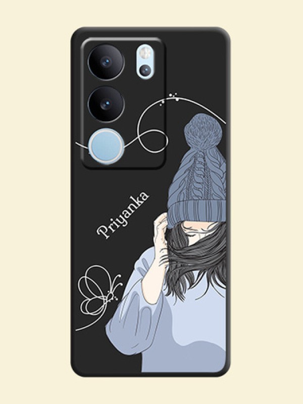 Girl With Blue Winter Outfiit Custom Text Design On Space Black Custom Soft Matte Mobile Back Cover - Vivo V29 Pro 5G