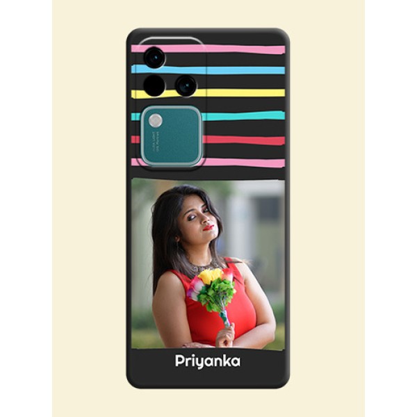 Multicolor Lines with Image on Space Black Personalized Soft Matte Phone Covers - Vivo V30 5G Multicolor Lines with Image on Space Black Personalized Soft Matte Phone Covers - Vivo V30 5G