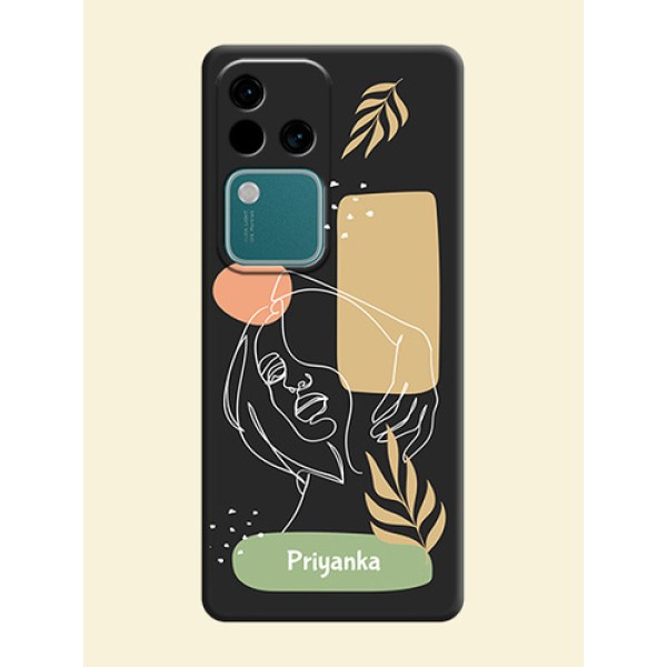 Custom Text With Line Art Of Women & Leaves Design On Space Black Personalized Soft Matte Phone Covers - Vivo V30 5G