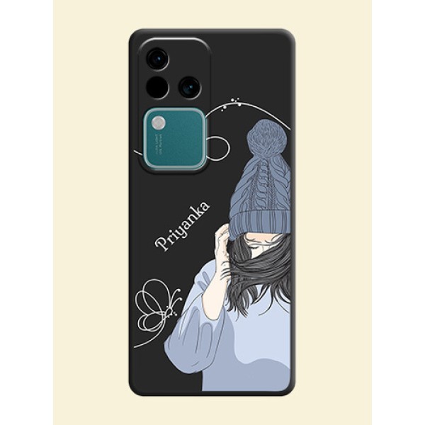 Girl With Blue Winter Outfiit Custom Text Design On Space Black Personalized Soft Matte Phone Covers - Vivo V30 5G