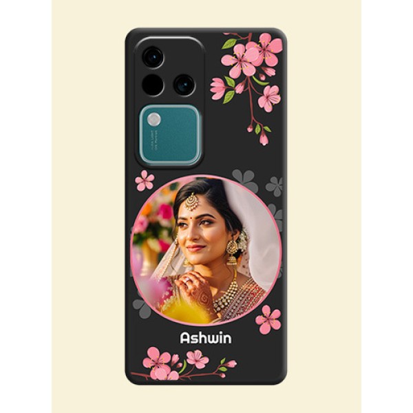 Round Image with Pink Color Floral Design - Photo on Space Black Soft Matte Back Cover - Vivo V30 Pro 5G Round Image with Pink Color Floral Design - Photo on Space Black Soft Matte Back Cover - Vivo V30 Pro 5G