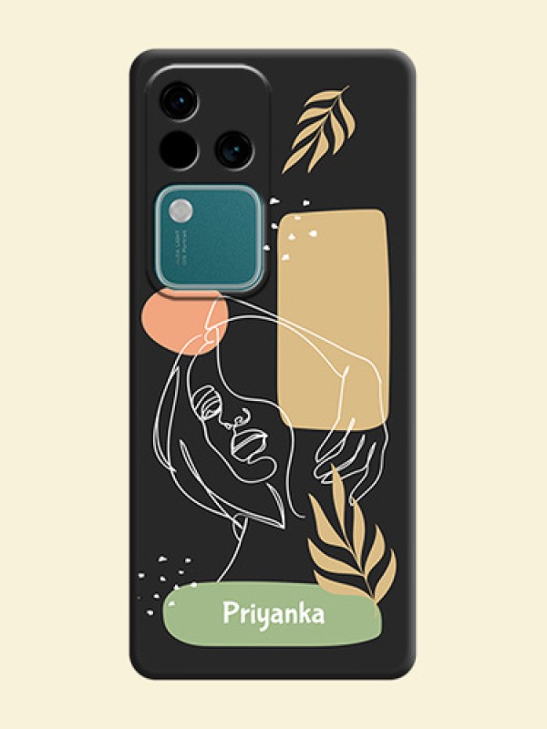 Custom Text With Line Art Of Women & Leaves Design On Space Black Personalized Soft Matte Phone Covers - Vivo V30 Pro 5G
