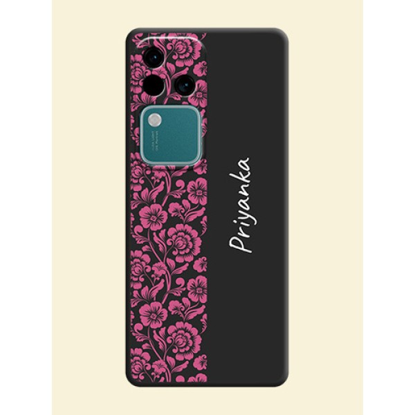 Pink Floral Pattern Design With Custom Text On Space Black Personalized Soft Matte Phone Covers - Vivo V30 Pro 5G