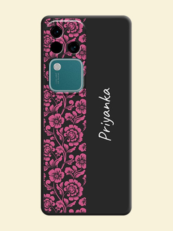 Pink Floral Pattern Design With Custom Text On Space Black Personalized Soft Matte Phone Covers - Vivo V30 Pro 5G