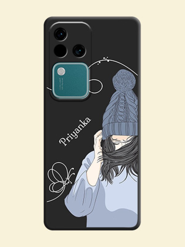 Girl With Blue Winter Outfiit Custom Text Design On Space Black Personalized Soft Matte Phone Covers - Vivo V30 Pro 5G