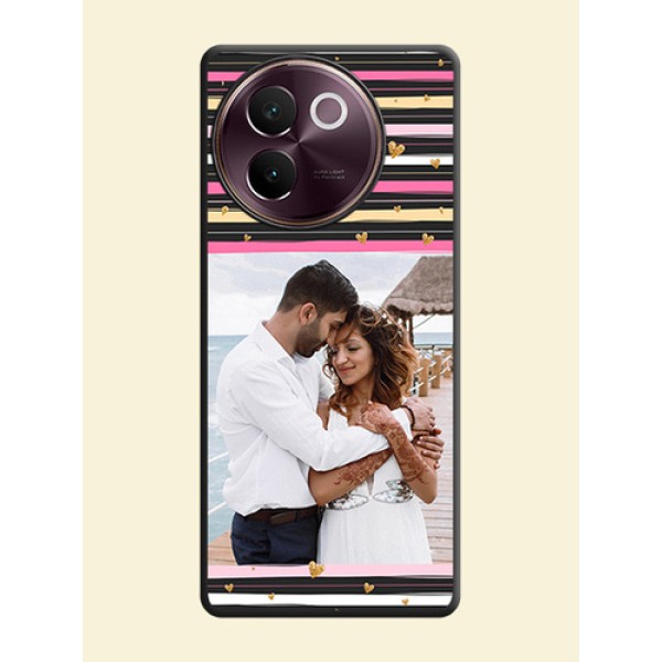 Multicolor Lines and Golden Love Symbols Design on Photo On Space Black Custom Soft Matte Mobile Back Cover - Vivo V30e 5G Multicolor Lines and Golden Love Symbols Design on Photo On Space Black Custom Soft Matte Mobile Back Cover - Vivo V30e 5G