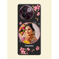 Round Image with Pink Color Floral Design on Photo On Space Black Custom Soft Matte Mobile Back Cover - Vivo V30e 5G