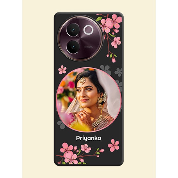 Round Image with Pink Color Floral Design on Photo On Space Black Custom Soft Matte Mobile Back Cover - Vivo V30e 5G Round Image with Pink Color Floral Design on Photo On Space Black Custom Soft Matte Mobile Back Cover - Vivo V30e 5G