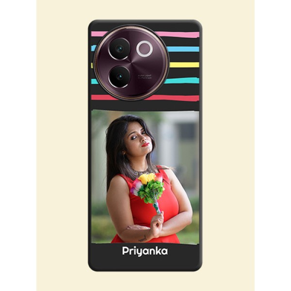 Multicolor Lines with Image On Space Black Custom Soft Matte Mobile Back Cover - Vivo V30e 5G Multicolor Lines with Image On Space Black Custom Soft Matte Mobile Back Cover - Vivo V30e 5G