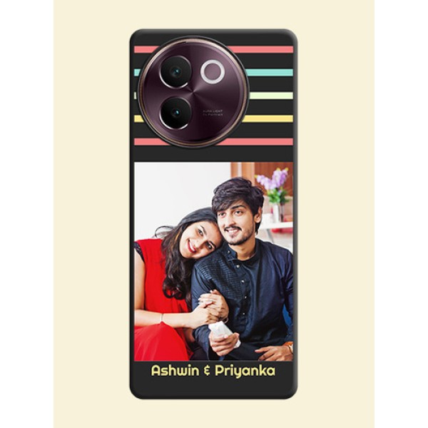 Color Stripes with Photo and Text on Photo On Space Black Custom Soft Matte Mobile Back Cover - Vivo V30e 5G Color Stripes with Photo and Text on Photo On Space Black Custom Soft Matte Mobile Back Cover - Vivo V30e 5G