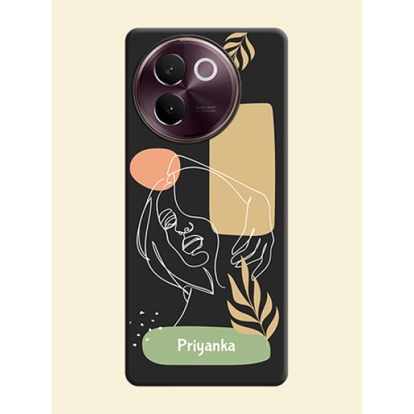 Custom Text With Line Art Of Women & Leaves Design On Space Black Custom Soft Matte Mobile Back Cover - Vivo V30e 5G