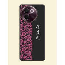 Pink Floral Pattern Design With Custom Text On Space Black Custom Soft Matte Mobile Back Cover - Vivo V30e 5G