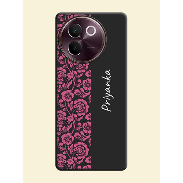 Pink Floral Pattern Design With Custom Text On Space Black Custom Soft Matte Mobile Back Cover - Vivo V30e 5G Pink Floral Pattern Design With Custom Text On Space Black Custom Soft Matte Mobile Back Cover - Vivo V30e 5G
