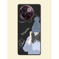 Girl With Blue Winter Outfiit Custom Text Design On Space Black Custom Soft Matte Mobile Back Cover - Vivo V30e 5G