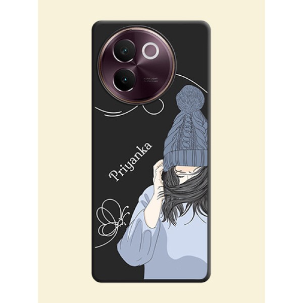 Girl With Blue Winter Outfiit Custom Text Design On Space Black Custom Soft Matte Mobile Back Cover - Vivo V30e 5G Girl With Blue Winter Outfiit Custom Text Design On Space Black Custom Soft Matte Mobile Back Cover - Vivo V30e 5G