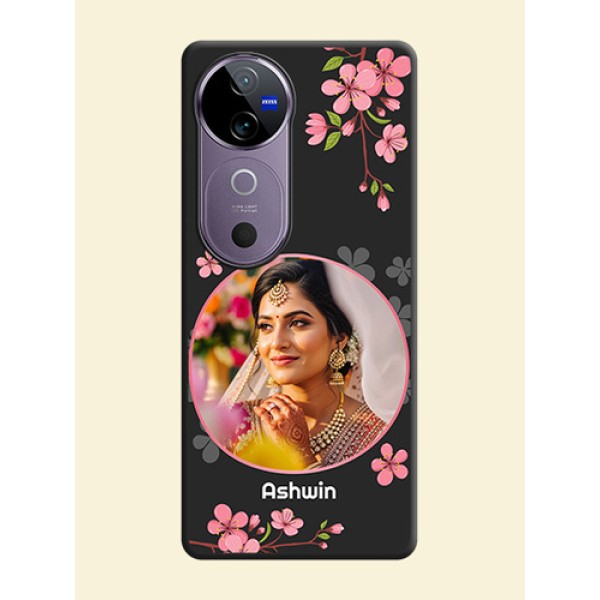 Round Image with Pink Color Floral Design on Photo On Space Black Custom Soft Matte Mobile Back Cover - Vivo V40 5G Round Image with Pink Color Floral Design on Photo On Space Black Custom Soft Matte Mobile Back Cover - Vivo V40 5G
