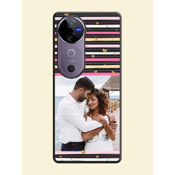 Multicolor Lines and Golden Love Symbols Design on Photo On Space Black Custom Soft Matte Mobile Back Cover - Vivo V40 Pro 5G Multicolor Lines and Golden Love Symbols Design on Photo On Space Black Custom Soft Matte Mobile Back Cover - Vivo V40 Pro 5G