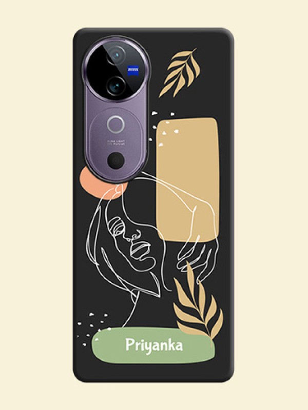 Custom Text With Line Art Of Women & Leaves Design On Space Black Custom Soft Matte Mobile Back Cover - Vivo V40 Pro 5G
