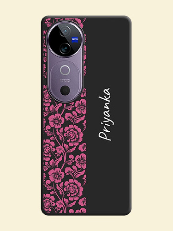Pink Floral Pattern Design With Custom Text On Space Black Custom Soft Matte Mobile Back Cover - Vivo V40 Pro 5G