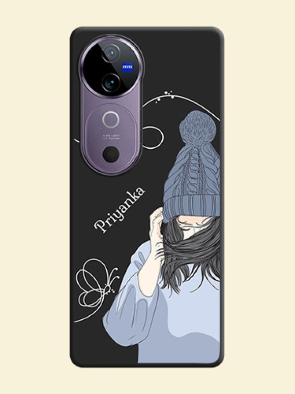 Girl With Blue Winter Outfiit Custom Text Design On Space Black Custom Soft Matte Mobile Back Cover - Vivo V40 Pro 5G