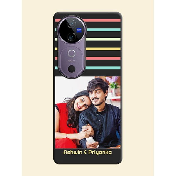 Color Stripes with Photo and Text on Photo On Space Black Custom Soft Matte Mobile Back Cover - Vivo V40e 5G Color Stripes with Photo and Text on Photo On Space Black Custom Soft Matte Mobile Back Cover - Vivo V40e 5G