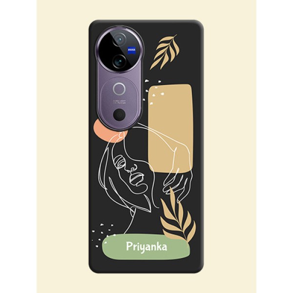 Custom Text With Line Art Of Women & Leaves Design On Space Black Custom Soft Matte Mobile Back Cover - Vivo V40e 5G Custom Text With Line Art Of Women & Leaves Design On Space Black Custom Soft Matte Mobile Back Cover - Vivo V40e 5G