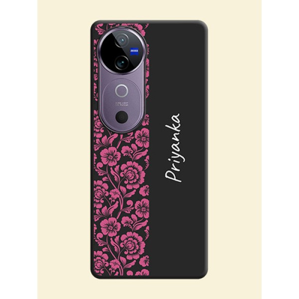 Pink Floral Pattern Design With Custom Text On Space Black Custom Soft Matte Mobile Back Cover - Vivo V40e 5G Pink Floral Pattern Design With Custom Text On Space Black Custom Soft Matte Mobile Back Cover - Vivo V40e 5G