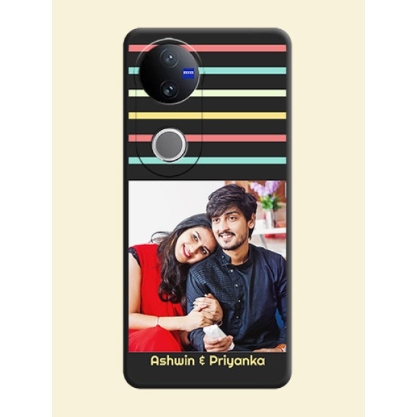 Color Stripes with Photo and Text on Photo On Space Black Custom Soft Matte Mobile Back Cover - Vivo V50 5G Color Stripes with Photo and Text on Photo On Space Black Custom Soft Matte Mobile Back Cover - Vivo V50 5G