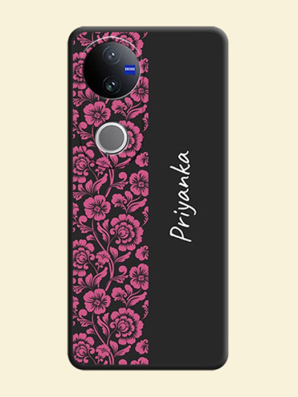 Pink Floral Pattern Design With Custom Text On Space Black Custom Soft Matte Mobile Back Cover - Vivo V50 5G