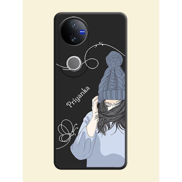 Girl With Blue Winter Outfiit Custom Text Design On Space Black Custom Soft Matte Mobile Back Cover - Vivo V50 5G Girl With Blue Winter Outfiit Custom Text Design On Space Black Custom Soft Matte Mobile Back Cover - Vivo V50 5G