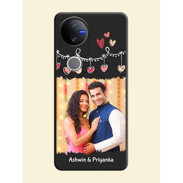 Pink Love Hangings with Name On Space Black Custom Soft Matte Mobile Back Cover - Vivo V50e 5G Pink Love Hangings with Name On Space Black Custom Soft Matte Mobile Back Cover - Vivo V50e 5G