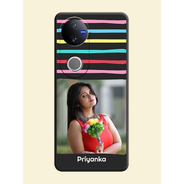 Multicolor Lines with Image On Space Black Custom Soft Matte Mobile Back Cover - Vivo V50e 5G Multicolor Lines with Image On Space Black Custom Soft Matte Mobile Back Cover - Vivo V50e 5G