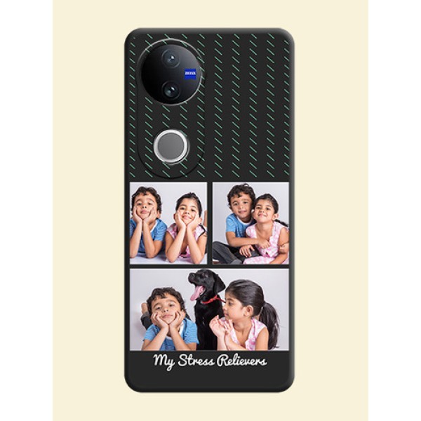 Cross Dotted Pattern with 2 Image Holder On Space Black Custom Soft Matte Mobile Back Cover - Vivo V50e 5G Cross Dotted Pattern with 2 Image Holder On Space Black Custom Soft Matte Mobile Back Cover - Vivo V50e 5G