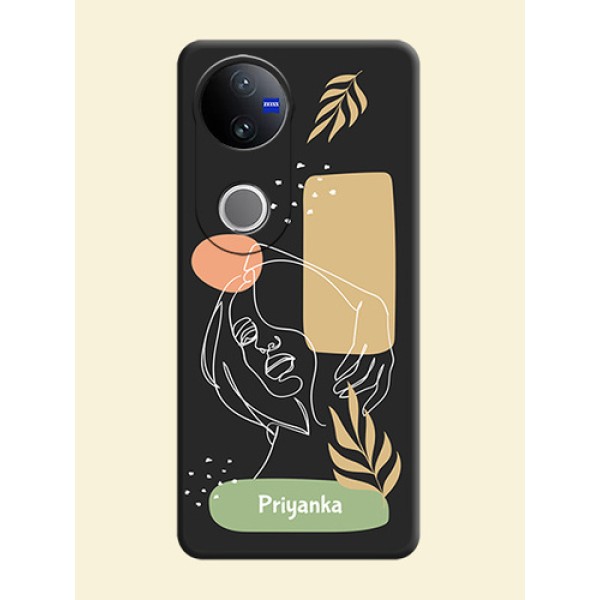 Custom Text With Line Art Of Women & Leaves Design On Space Black Custom Soft Matte Mobile Back Cover - Vivo V50e 5G Custom Text With Line Art Of Women & Leaves Design On Space Black Custom Soft Matte Mobile Back Cover - Vivo V50e 5G