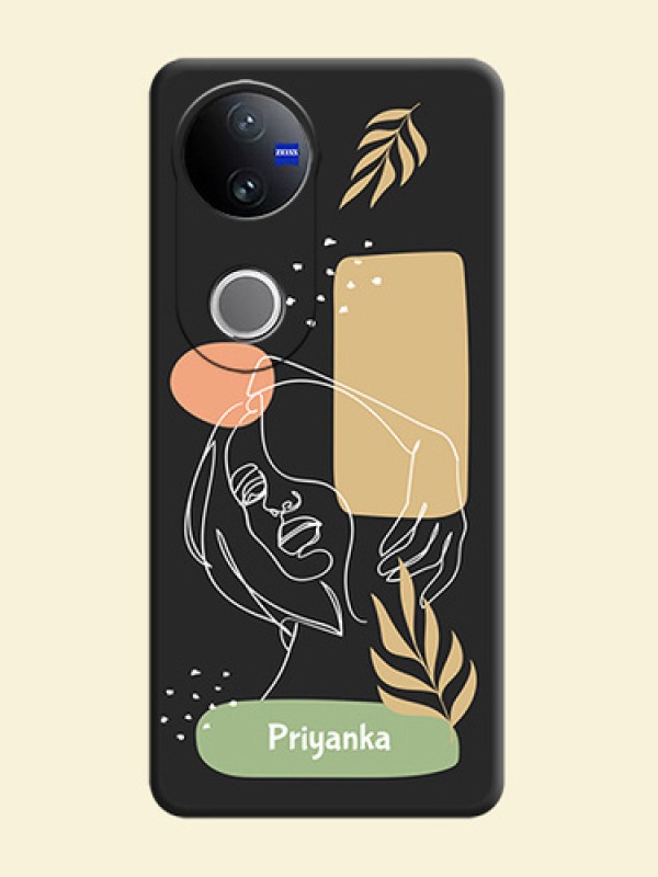 Custom Text With Line Art Of Women & Leaves Design On Space Black Custom Soft Matte Mobile Back Cover - Vivo V50e 5G