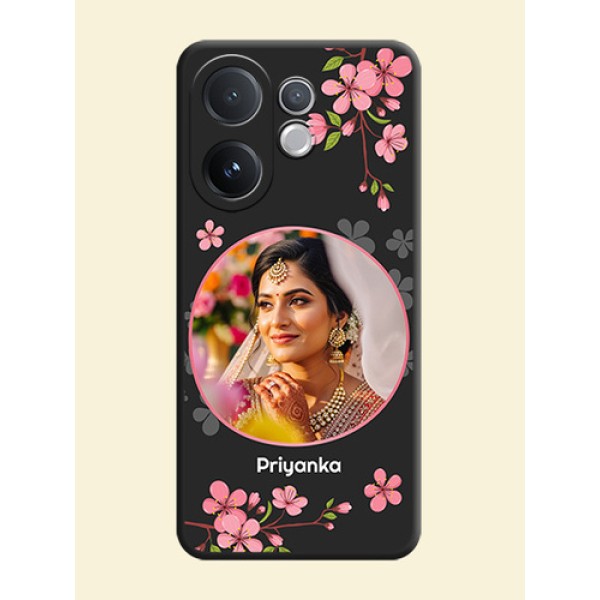Round Image with Pink Color Floral Design on Photo On Space Black Custom Soft Matte Mobile Back Cover - Vivo V60 5G Round Image with Pink Color Floral Design on Photo On Space Black Custom Soft Matte Mobile Back Cover - Vivo V60 5G
