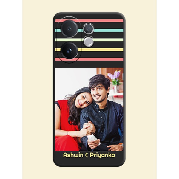 Color Stripes with Photo and Text on Photo On Space Black Custom Soft Matte Mobile Back Cover - Vivo V60 5G Color Stripes with Photo and Text on Photo On Space Black Custom Soft Matte Mobile Back Cover - Vivo V60 5G