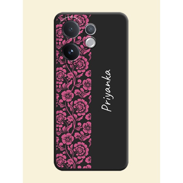 Pink Floral Pattern Design With Custom Text On Space Black Custom Soft Matte Mobile Back Cover - Vivo V60 5G Pink Floral Pattern Design With Custom Text On Space Black Custom Soft Matte Mobile Back Cover - Vivo V60 5G