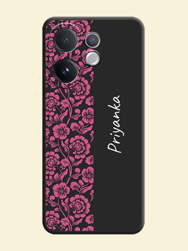 Pink Floral Pattern Design With Custom Text On Space Black Custom Soft Matte Mobile Back Cover - Vivo V60 5G