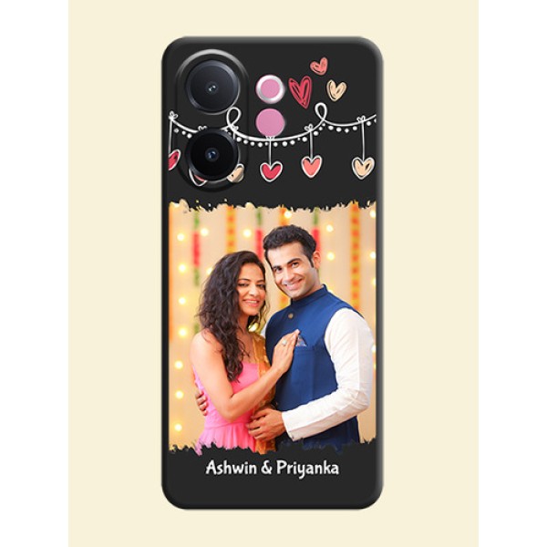 Pink Love Hangings with Name On Space Black Custom Soft Matte Mobile Back Cover - Vivo V60e 5G Pink Love Hangings with Name On Space Black Custom Soft Matte Mobile Back Cover - Vivo V60e 5G