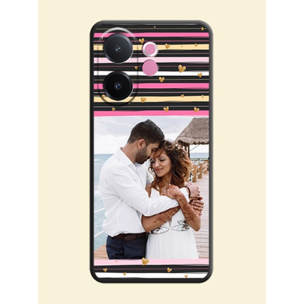 Multicolor Lines and Golden Love Symbols Design on Photo On Space Black Custom Soft Matte Mobile Back Cover - Vivo V60e 5G