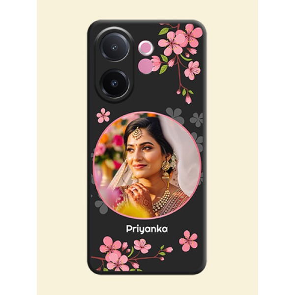 Round Image with Pink Color Floral Design on Photo On Space Black Custom Soft Matte Mobile Back Cover - Vivo V60e 5G Round Image with Pink Color Floral Design on Photo On Space Black Custom Soft Matte Mobile Back Cover - Vivo V60e 5G