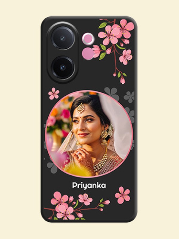 Round Image with Pink Color Floral Design on Photo On Space Black Custom Soft Matte Mobile Back Cover - Vivo V60e 5G