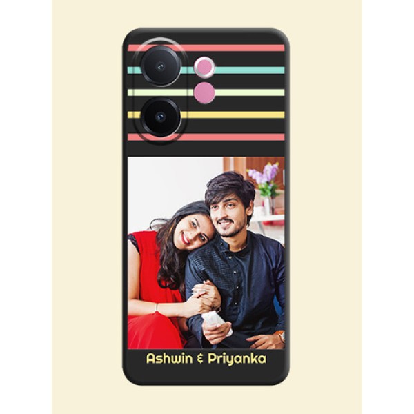 Color Stripes with Photo and Text on Photo On Space Black Custom Soft Matte Mobile Back Cover - Vivo V60e 5G Color Stripes with Photo and Text on Photo On Space Black Custom Soft Matte Mobile Back Cover - Vivo V60e 5G