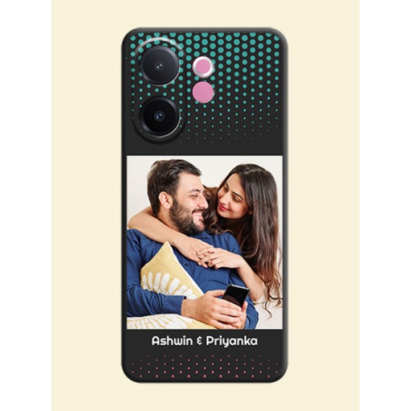 Faded Dots with Grunge Photo Frame and Text On Space Black Custom Soft Matte Mobile Back Cover - Vivo V60e 5G Faded Dots with Grunge Photo Frame and Text On Space Black Custom Soft Matte Mobile Back Cover - Vivo V60e 5G