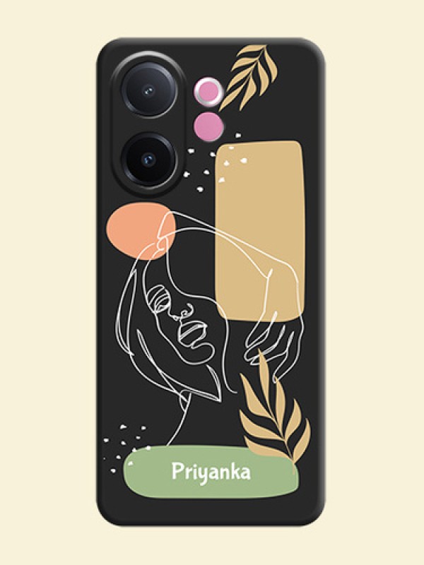 Custom Text With Line Art Of Women & Leaves Design On Space Black Custom Soft Matte Mobile Back Cover - Vivo V60e 5G