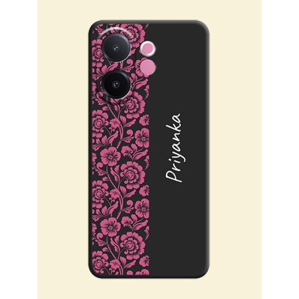 Pink Floral Pattern Design With Custom Text On Space Black Custom Soft Matte Mobile Back Cover - Vivo V60e 5G Pink Floral Pattern Design With Custom Text On Space Black Custom Soft Matte Mobile Back Cover - Vivo V60e 5G